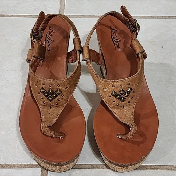 Lucky Brand Shoes - Lucky brand‎ Narnie leather studded cut out cork Wedge Sandals women's size 8.5